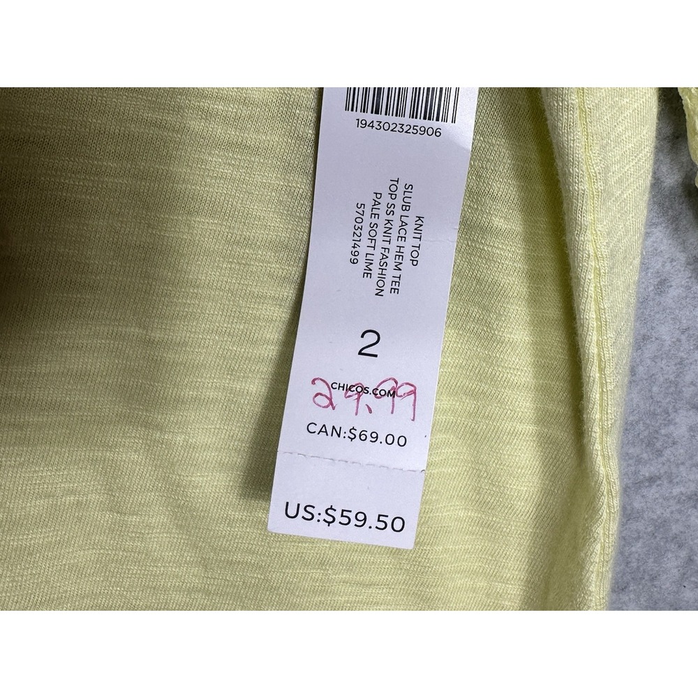 Chico's Top Shirt Womens Size 2 Pale Soft Lime Slub Lace Hem Tee Knit NEW - Picture 4 of 6